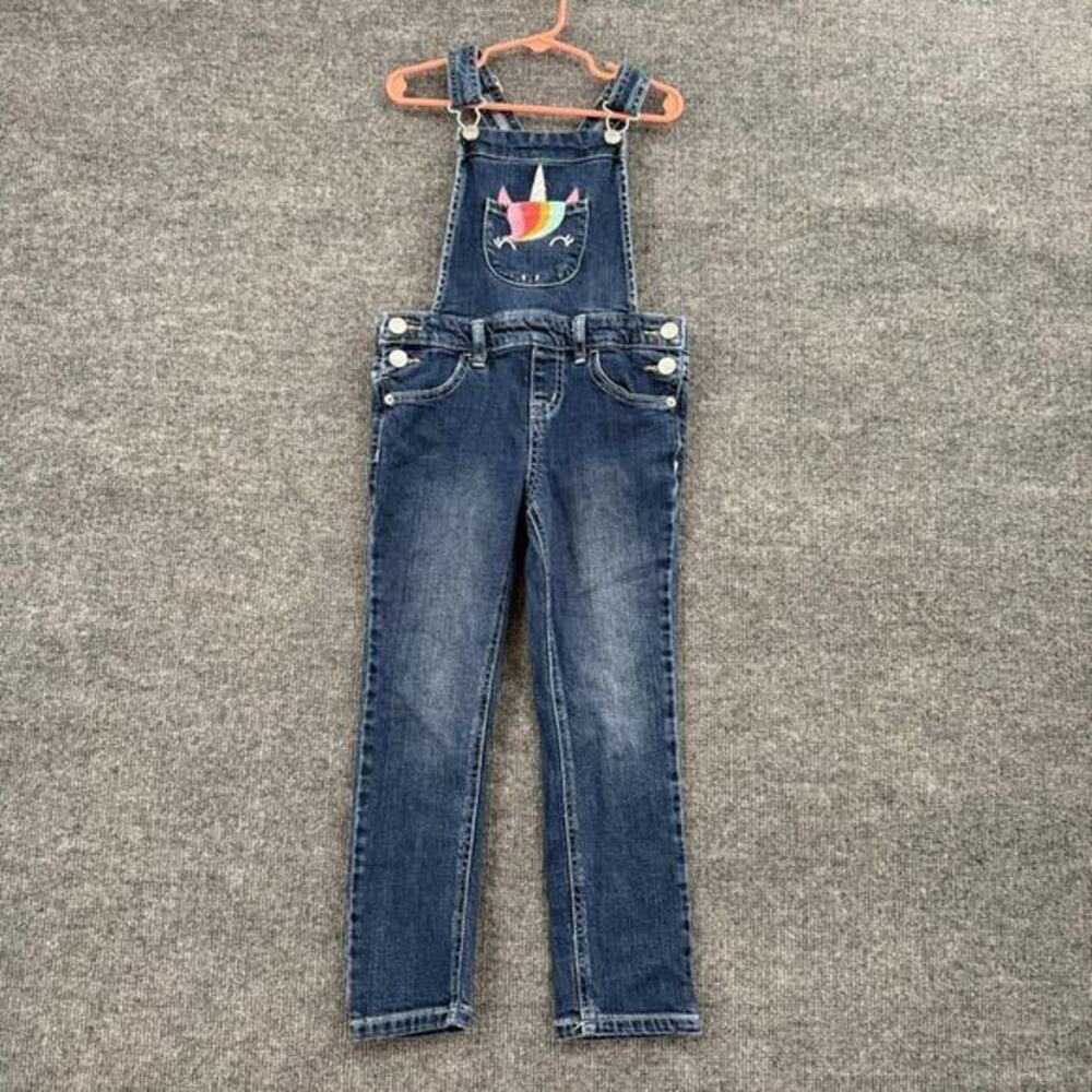 Cat & Jack Girls Overalls Size 4/5 Embroidered Unicorn Slim Fit Stretch Denim